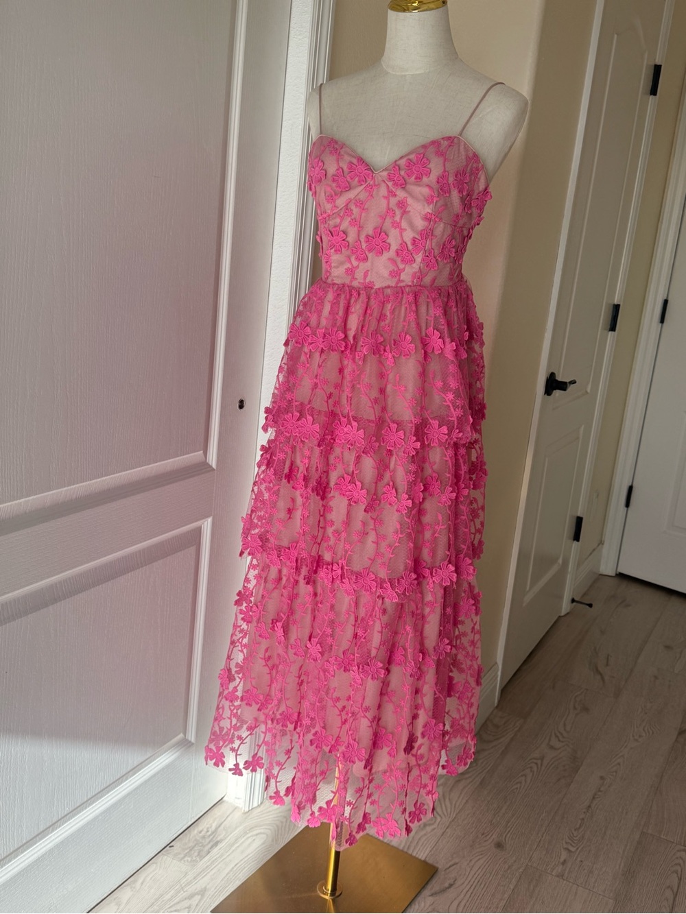 Endless Rose Pink Floral Tiered Lace Midi Dress with Spaghetti Straps - Picture 5 of 7